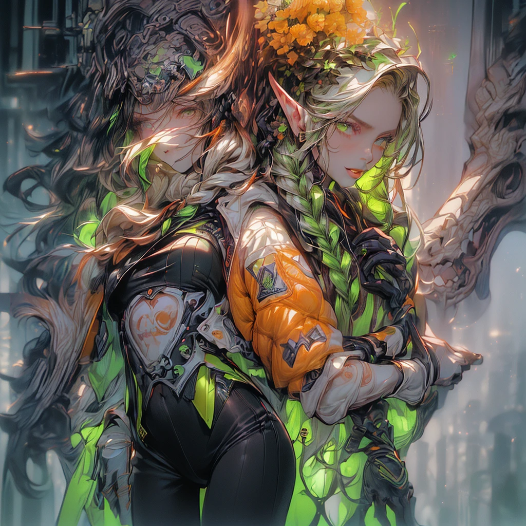 ((Create one girl + ye, (realistic), (masterpiece, Best quality), (1 elf), (1 girl), (sexy), (One, bangs, red dyed hair) (White armor cyber skulls), (long black tights with gloves)).((close-up), (standing at full height), (mysterious))_((Girl), (green:1.5, orange:1.1, white: 1.3, yellow:1.3))_((very sexy girl with dreadlocks), (tattoos), (naked parts of the body), (down jacket: 1.2), (jacket on a naked body, T-shirt, thong)) __))_( (Beautiful figure, half-turn 16+ years),ealistic)),((small peach breasts, graceful figure, narrow waist, smooth hips)),((long double braids),(tight braids),(braided hair), (dark hair) ),((red lips)), ((smile)))_ ((((Shiny skin:1.5, white skin, light skin: 1.5)),((sexy), (cute ))_((fractals, Flowers, leaves, fog, lilies, circles background))_((Chiaroscuro, contrast, warm-cold), (atmosphere visualization), (best quality), (Virtual realism))_))) _(((Digital painting, anime style, cyberpunk), (best quality, 4k, high resolution, masterpiece: 1.2)),((ultra-detailed)),((realistic, photorealistic, photorealistic: 1.37)))_(( ( Soft clear shapes, broad strokes, attention to detail)))_(((High quality, 16K | Ultra HD | Full HD))).