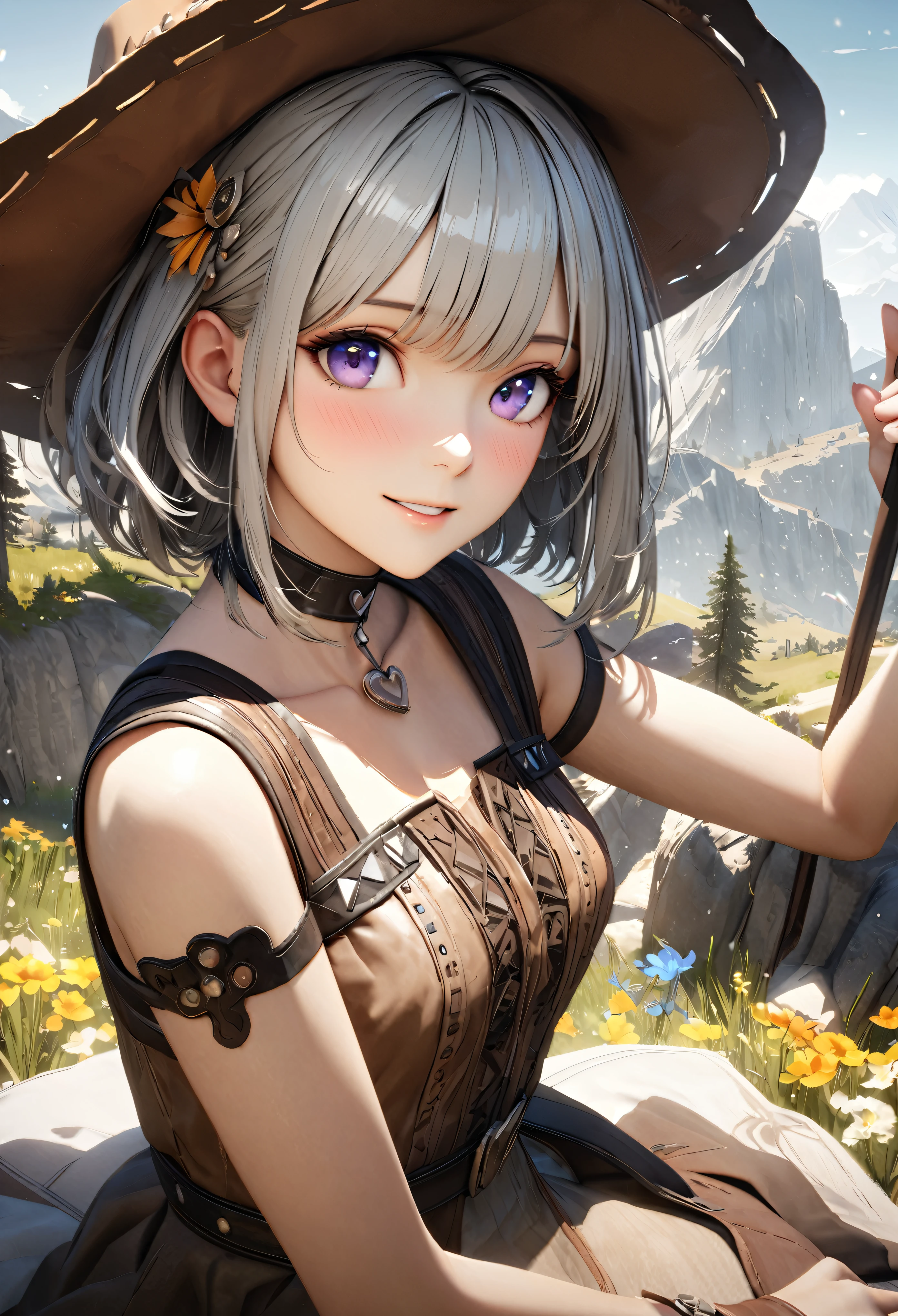 masterpiece,highest quality, Super detailed, High resolution, expensive resolution, HDR, 4k, 8K, unity 8k wallpaper, Super detailed CG, masterpiece, realistic, 2D, 3D, beautiful details, depth, fine texture , super fine: 1.3, Fully focused, Crispy.skin, .he, Very cute anime girl 、Desolate wilderness、cowboy style costume、cowboy hat、cowboy boots、silver short hair wearing expensive , beautiful flowers々Call out to、gentle expression、Flying butterflies々、smile、one girl、alone, silver short hair, cowboy style、cowboy hat、cowboy bootole under the eye, looking at the viewer , expensive , blush, mole, parted lips, hair ornaments, heart, purple eyes, choker