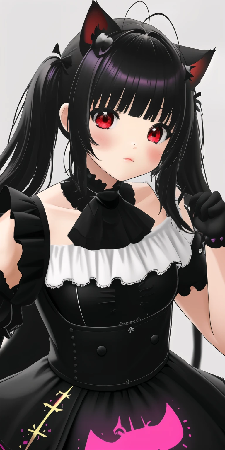 ((Mejor calidad)), ((mesa)), ((ultra detallado)), (illustration), (luz detallada), (extremadamente delicado y hermoso), (((Solo))), ,((long hair slightly wavy slightly past the shoulders, black bangs, small black pigtails on the sides, cute cat ears, beautiful thin red eyes,)), (hermosa linda chica), recargada de un solo brazo, fondo en un cuarto gamer con posters y colores neon, 