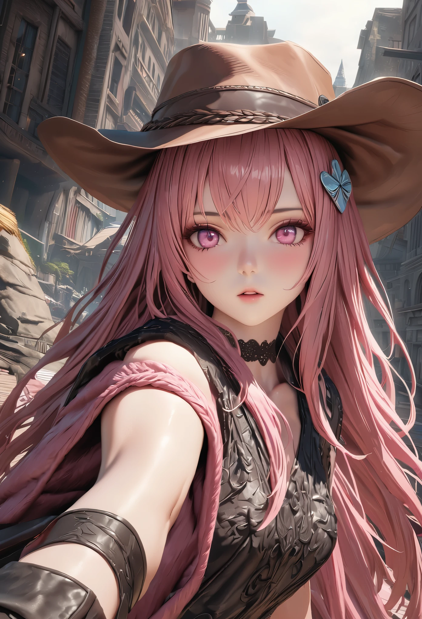 masterpiece,highest quality, Super detailed, High resolution, expensive resolution, HDR, 4k, 8K, unity 8k wallpaper, Super detailed CG, masterpiece, realistic, 2D, 3D, beautiful details, depth, fine texture , super fine: 1.3, Fully focused, Crispy.skin, .he, Very cute anime girl 、cowboy styleの衣装、cowboy hat、cowboy boots テキカン 荒野、duel、long sword、Pink semi-long hair wearing expensive , one girl、alone, Pink semi-long hair, cowboy style、cowboy hat、long sword、duel、cowboy bootole under the eye, looking at the viewer , expensive , blush, mole, parted lips, hair ornaments, heart, pink eyes, choker