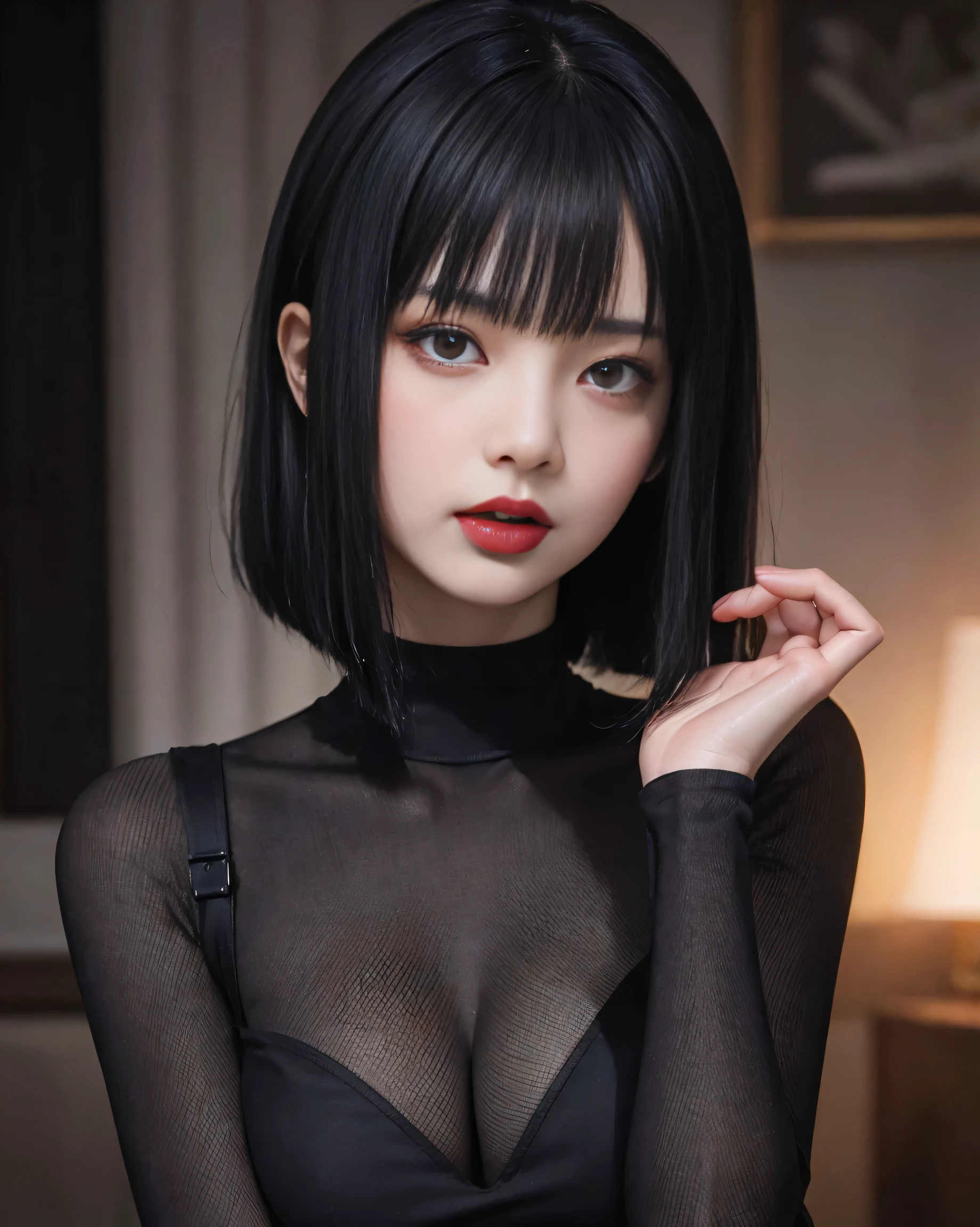 (highest quality,High resolution),(realistic:1.37),dark,goth,woman, eye,detailed face,black clothes,bob cut black hair,straight bangs,pale skin,red lipstick,intense expression,mysterious atmosphere,gothic background,thin dark lighting,night,Bright colors, fishnet, topless, whole body, on her hands and knees, Obedient girl, thick thighs, Impending deepthroat, Cumshot pose,