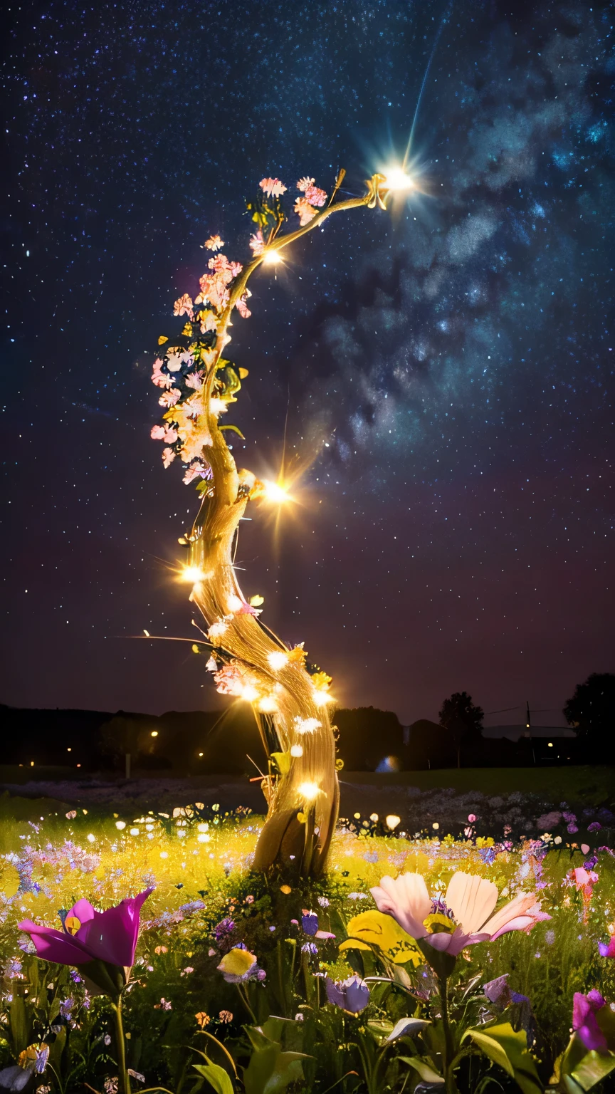 Best quality, ultra-detailed, realistic, bright colors, vibrant colors, colorful blossoms, blooming wildflowers, starry night, flowing shapes, glowing lights, reflective surfaces, apple tree, high resolution, HDR, studio lighting, vivid colors.