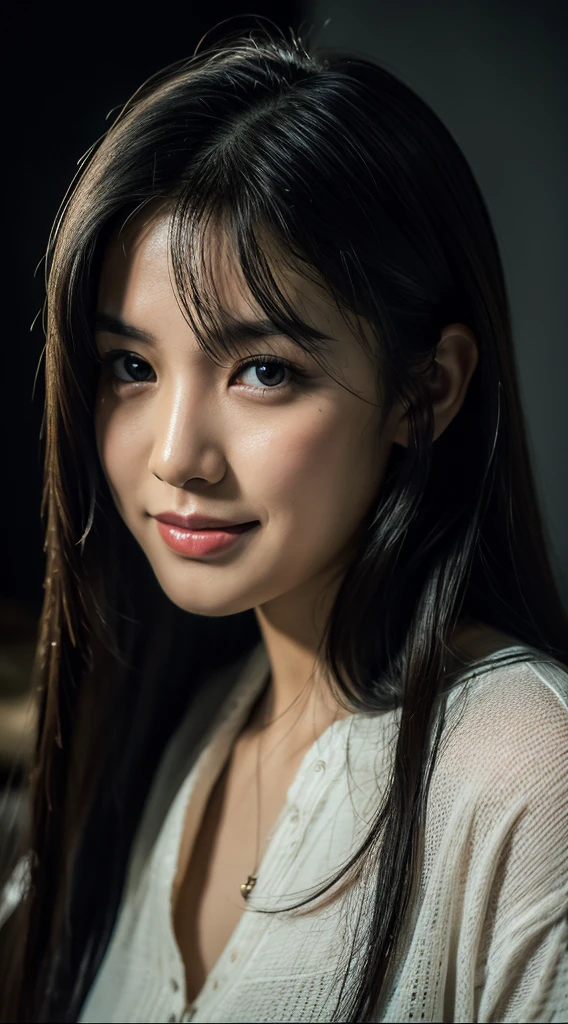 highest quality, epic realistic, ((in the pitch black darkness :1.4)), ((portrait:1.5)),(background: dark ) high contrast ,glorious picture, lowest lux, lighting face, she's comfortable, wearing nothing, looks incredible, (8k, Raw photo, Highest quality),(epic realistic:1.5), a woman, face,(detailed eyes:0.8),(looking at the camera:1.4), (Highest quality), ( high contrast, deep shadows),Intricate details,cinematic,((skin:1.4)), (long dark hair:1.3), long hair, messy ,(Hdr:1.5),Detailed, colors, Superior quality, Masterpiece, Raw Photo (20-year-old, looking at viewer), beautiful, (wearing plain yellow shirt,), perfect, natural, perfect composition, portrait, perfect face, smiling expression, Captivating eyes, Bright details, Tight lips, (High Skin Detail),, (blue tint: 0.6), (sale: 0.8), (bloody: 0.7), Key lighting , (backlight: 0.5), Medium depth of field, Canon 5d, 50mm lens, f/4 apertures, (Ultra-detailed, Complex detail), sharp focus, soft colors, 8k, Absurd, 80mm, dark background, photography, smiling,medium ,