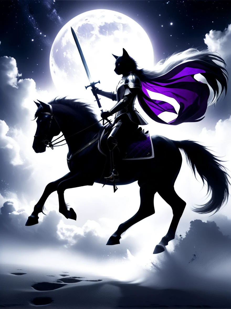 Surrealism, Star光环, Monochrome in the bright embrace of moonlight serenade, ((1 stray cat knight)), Wearing richly decorated cavalry uniform，(The cat knight holds a sword in his hand)，Deep purple accents capture the whispers of the night, Riding on his trust (White steed:1.2), A horse gallops quietly on the whispering plain. Sitting proudly in the saddle,  Compared, Tone, texture, detailed, Star, Colorful halo, Vibrant energy, expressive, dramatic, organic lines and forms, dreamy and mysterious, Surrealism