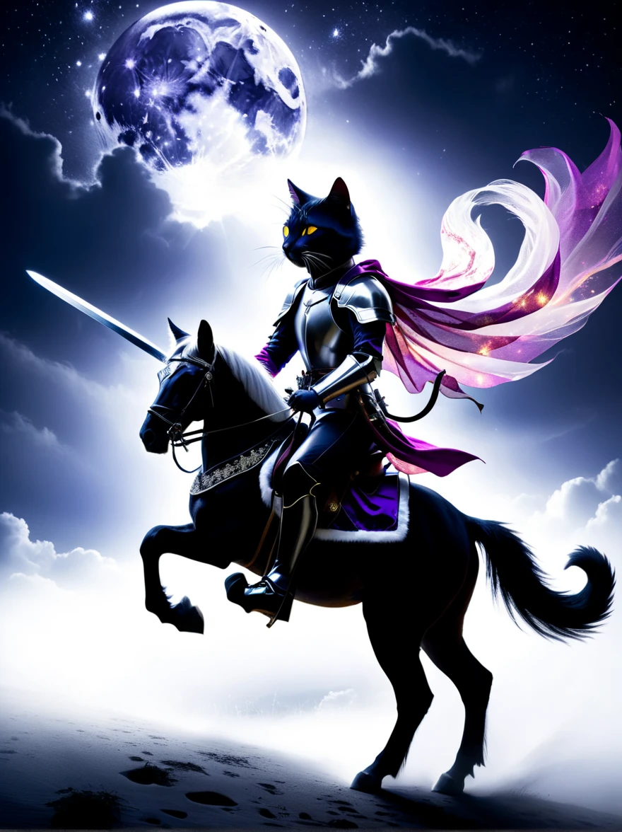 Surrealism, Star光环, Monochrome in the bright embrace of moonlight serenade, ((1 stray cat knight)), Wearing richly decorated cavalry uniform,(The cat knight holds a sword in his hand),Deep purple accents capture the whispers of the night, Riding on his trust (White steed:1.2), A horse gallops quietly on the whispering plain. Sitting proudly in the saddle, Compared, Tone, texture, detailed, Star, Colorful halo, Vibrant energy, expressive, dramatic, organic lines and forms, dreamy and mysterious, Surrealism