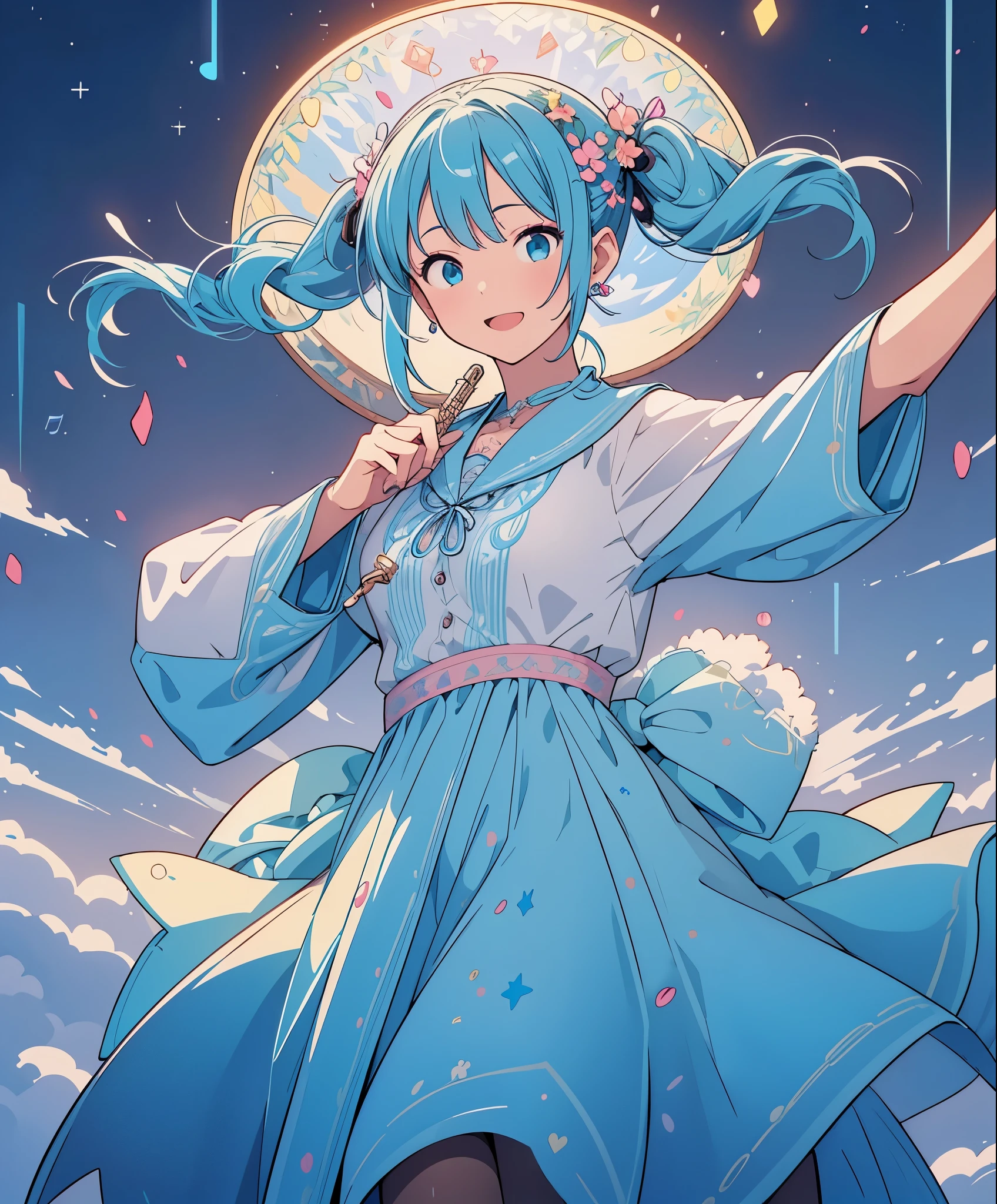 (masterpiece、highest quality、highest quality、official art、beautiful beautiful:1.2)、(1 girl:1.3)Hatsune Miku、twin tails,big breasts,highest quality、table top、With background: In a live house with women performing、Bursting with music and excitement。
camera angle: Drawing a woman from diagonally in front,、Expresses how she surrenders to music。
The decoration came off: Accessories and earrings with musical notes and musical instrument motifs express her passion。