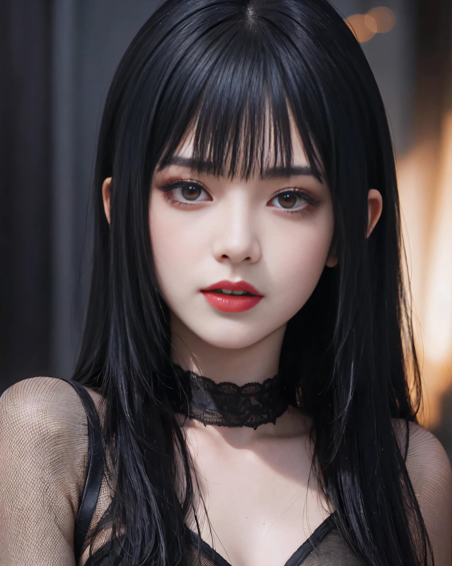 (highest quality,High resolution),(realistic:1.37),dark,goth,woman, eye,detailed face,black clothes,bob cut black hair,straight bangs,pale skin,red lipstick,intense expression,mysterious atmosphere,gothic background,thin dark lighting,night,Bright colors, fishnet, topless, whole body, on her hands and knees, Obedient girl, thick thighs, Impending deepthroat, Cumshot pose,NSFW