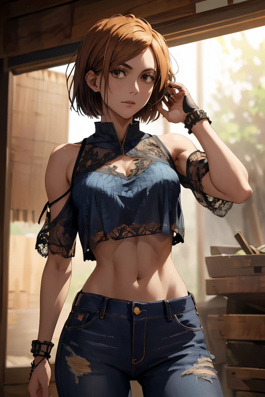 1girl, cowboy shot, beautiful Nobara, crop top, jeans, bangs,black bikini,, volumetric lighting, best quality, masterpiece, intricate details, tonemapping, sharp focus, hyper detailed, trending on Art Station, 4k,full body