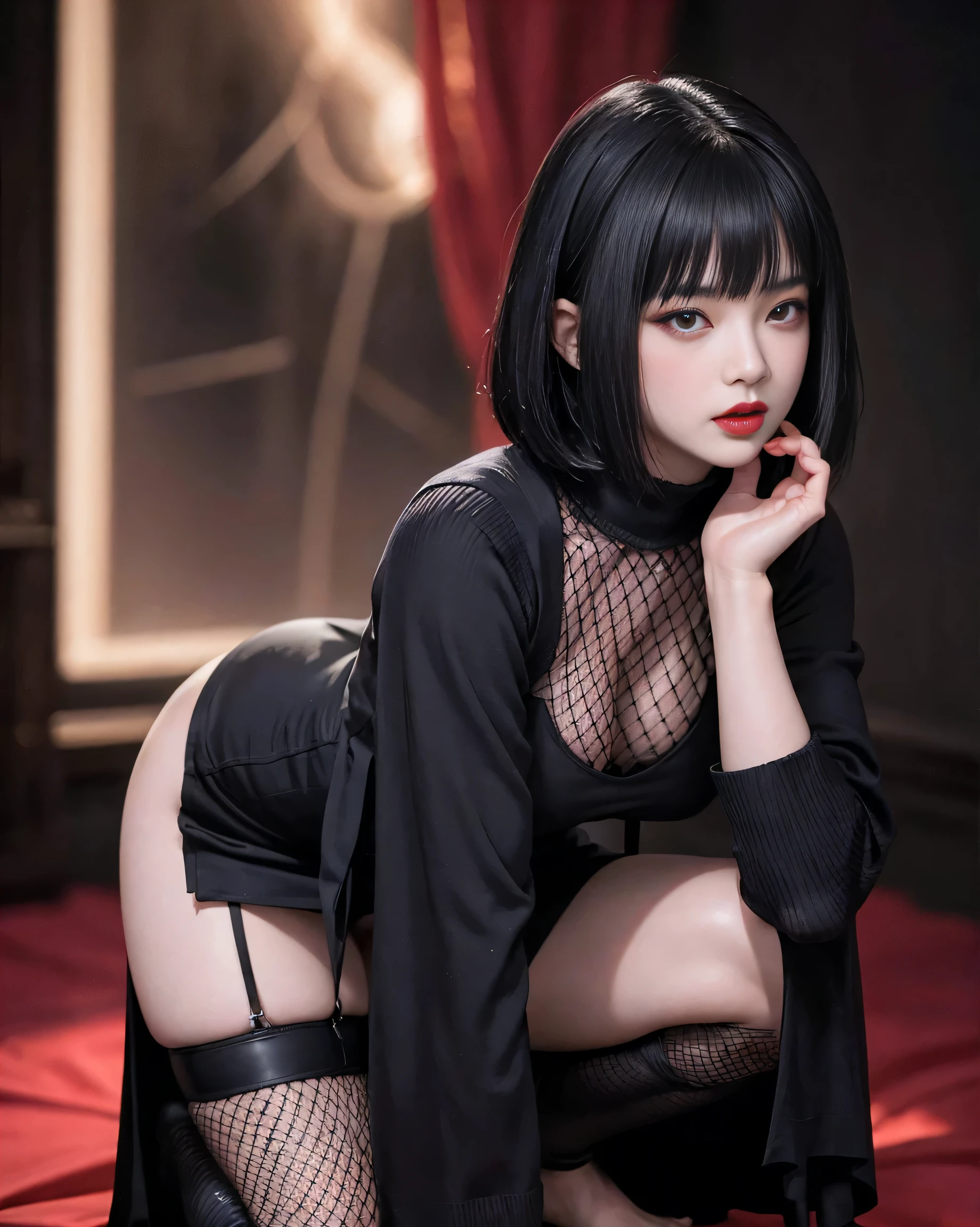(highest quality,High resolution),(realistic:1.37),dark,goth,woman, eye,detailed face,black clothes,bob cut black hair,straight bangs,pale skin,red lipstick,intense expression,mysterious atmosphere,gothic background,thin dark lighting,night,Bright colors, fishnet, topless, whole body, on her hands and knees, Obedient girl, thick thighs, Impending deepthroat, Cumshot pose,NSFW