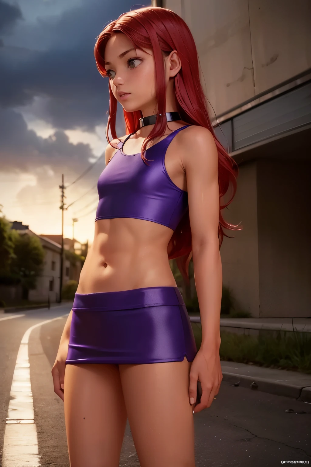 ((Flat chest, tomboy girls, 13 year old, small head)), daytime, sunlight, (chiseled abs : 1.1), (perfect body : 1.1), (long wavy hair : 1.2) , red hair, orange skin, collar, full body shot, crowded street, wearing short thin purple tanktop, ((purple tight athletic miniskirt)), (extremely detailed CG 8k wallpaper), (an extremely delicate and beautiful), (masterpiece), (best quality:1.0), (ultra highres:1.0),  beautiful lighting ,perfect lightning, realistic shadows, [highres], detailed skin, ultra-detailed, wet skin, wet clothes,  wet hair, nude