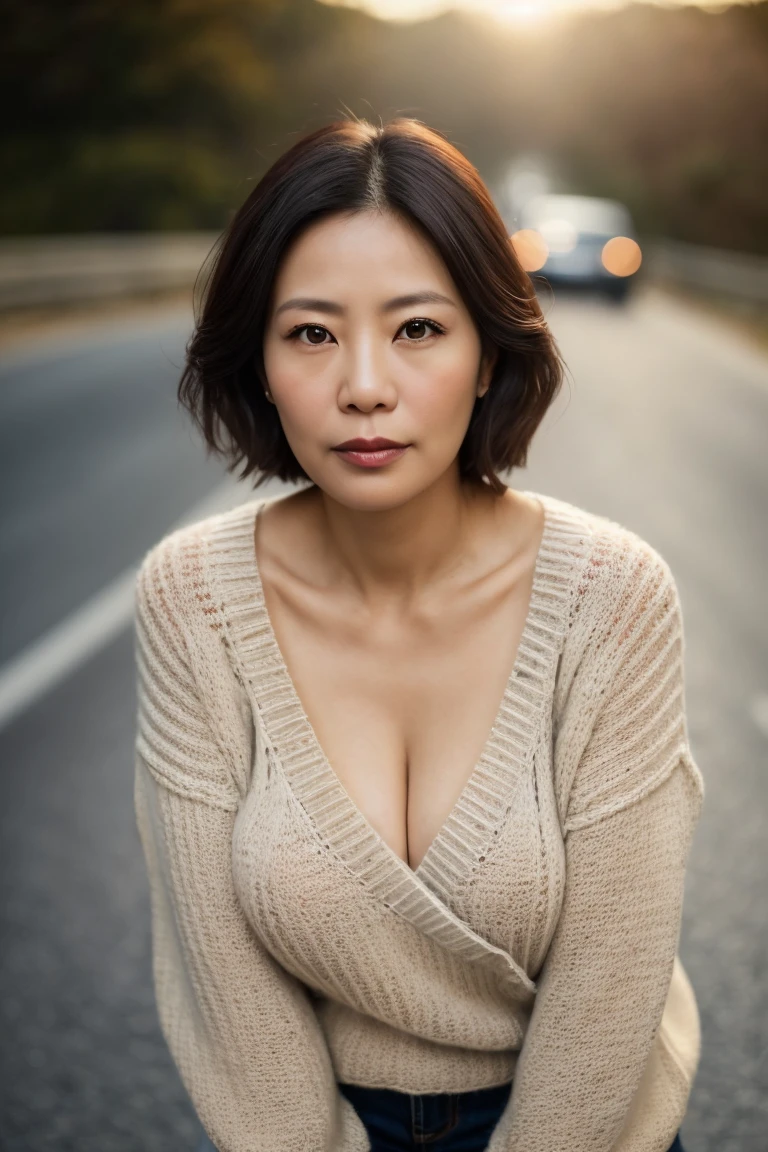 Portrait of a middle-aged Taiwanese woman, 40 years old, cute face, Slim, Tortitz, (big sagging:1.1), huge nipples, wear (Sexy sweater:1.2), Sit on the road, Bokeh background, Simple background, (highly refined skin:1.0), (masterpiece:1.2) (lifelike:1.2) (Bokeh) (best quality) (intricate details) (8K) (high dynamic range) (analog film) (canon d5) (movie lighting) (sharp focus),