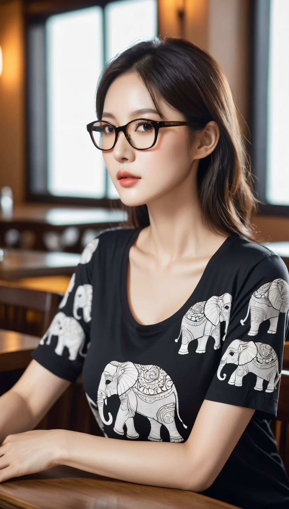 Raw photo, side shot of beautiful korean female, 34 inch breasts size, black rolled sleeves t-shirt elephants pattern, glasses, sitting in restaurant, uhd