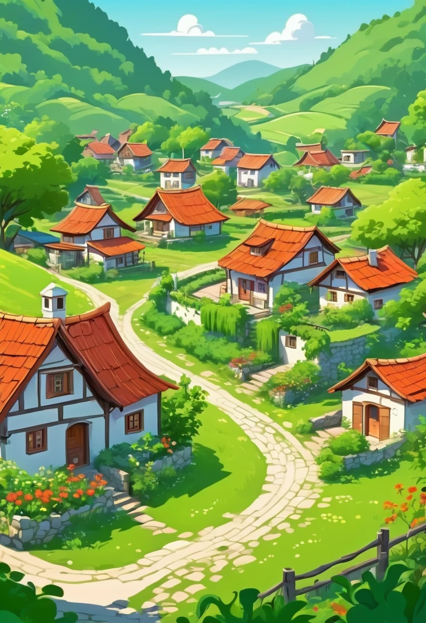 A small village with traditional houses and lush green surroundings. Cartoon style