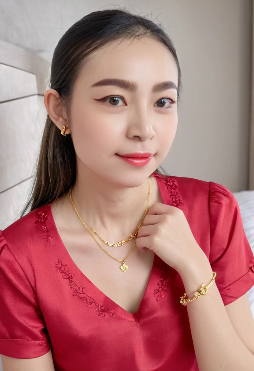 1 girl,8k, masterpiece,on bed, small gold necklace,red shirt