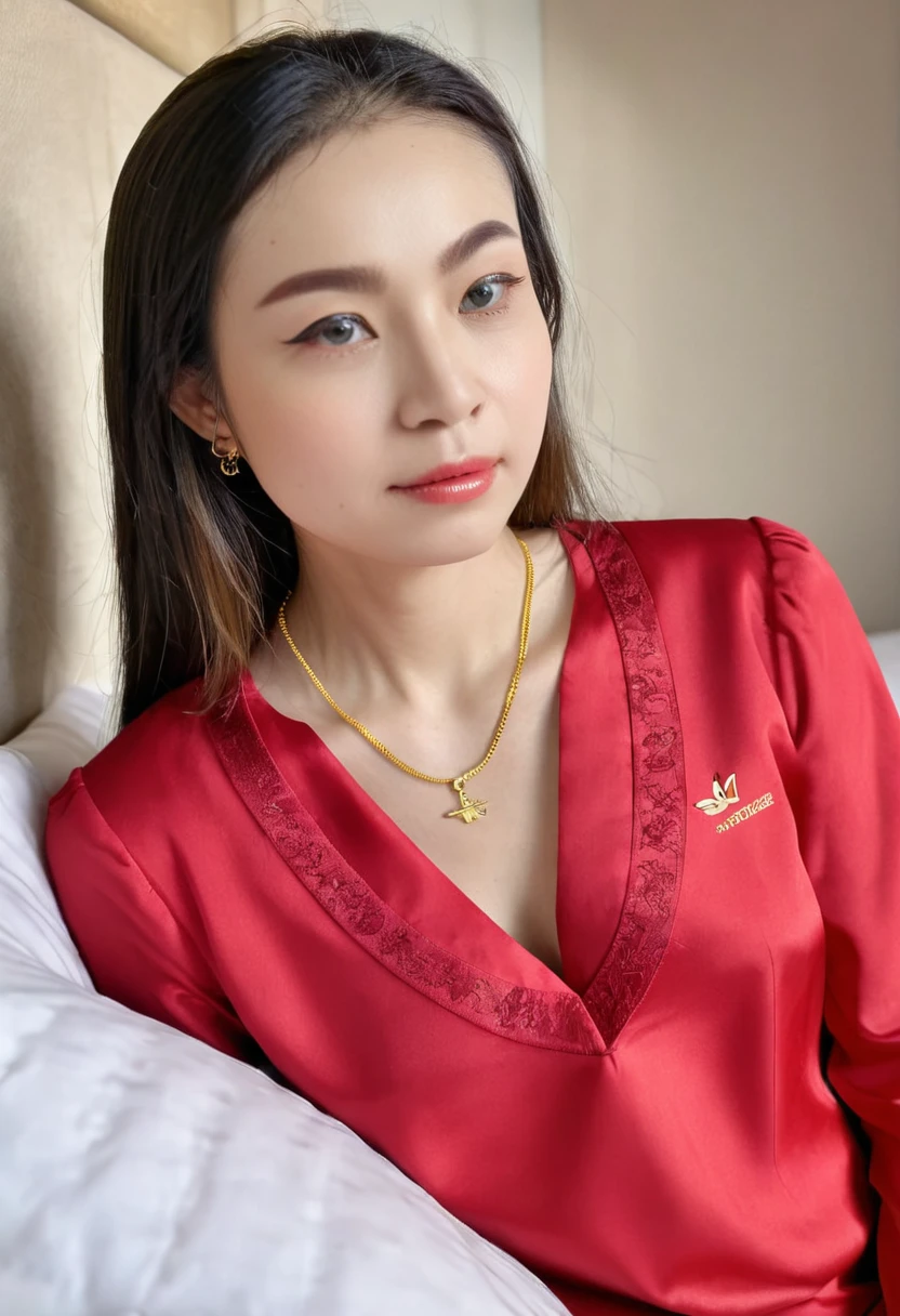 1 girl,8k, masterpiece,on bed, small gold necklace,red shirt