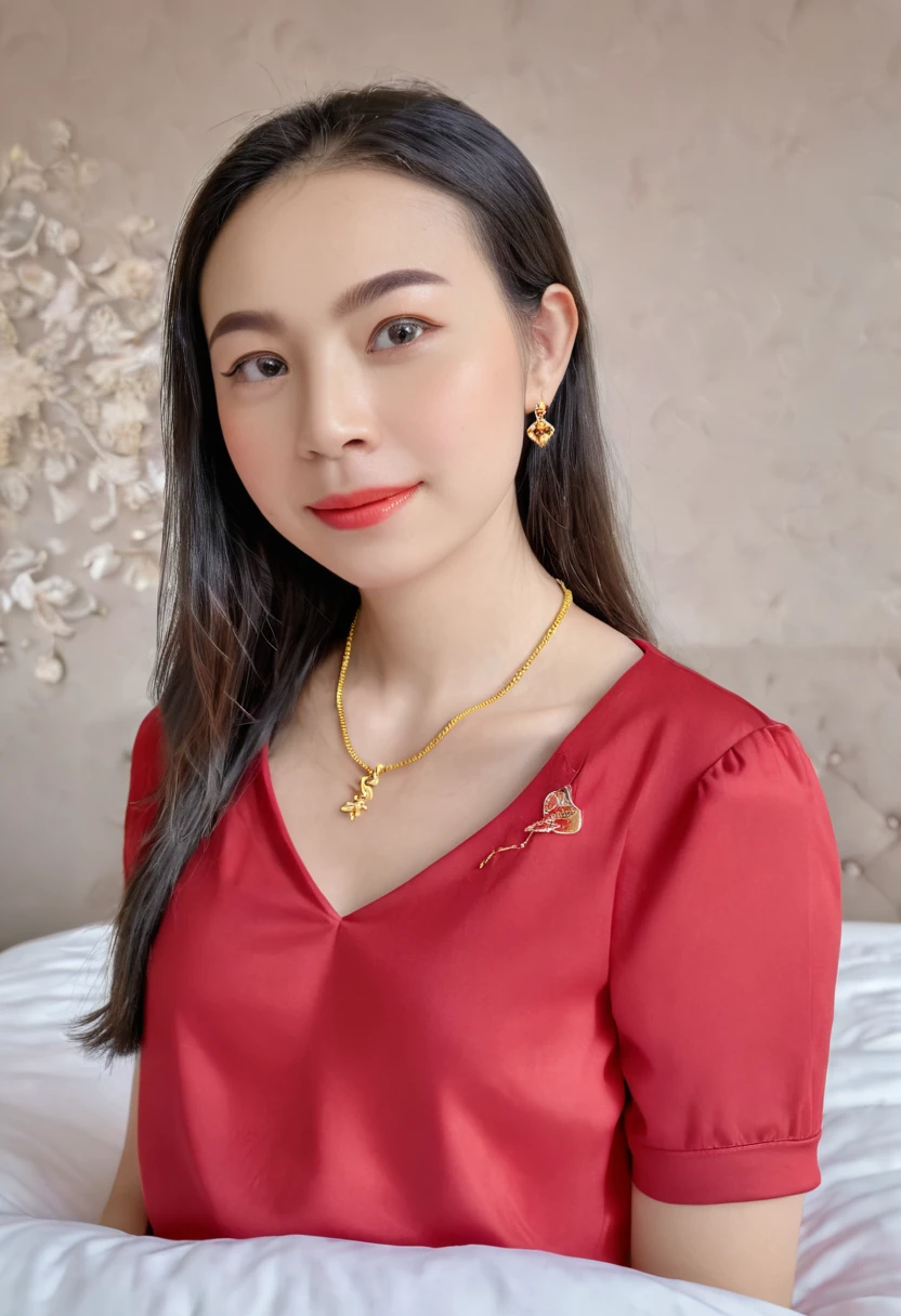 1 girl,8k, masterpiece,on bed, small gold necklace,red shirt