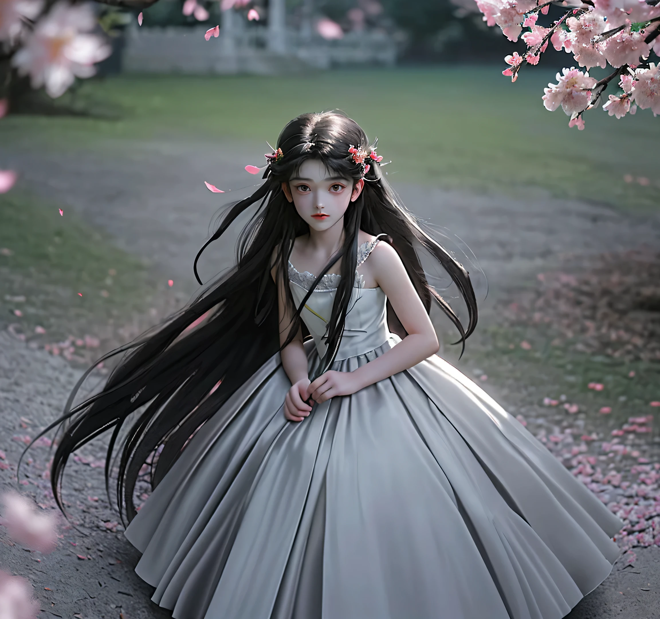 (little girl:1.5),lace,ribbon,(masterpiece, sidelighting, finely detailed beautiful gray eyes: 1.2), medium breast, realistic, glowing eyes,shiny hair,black hair,long long hair, lustrous skin, solo, embarassed,Strapless,exquisite,beautifly,garden,flowers,flying petals, bare legs, cherry blossom, cinematic light, cinematic composition, abundant expressions