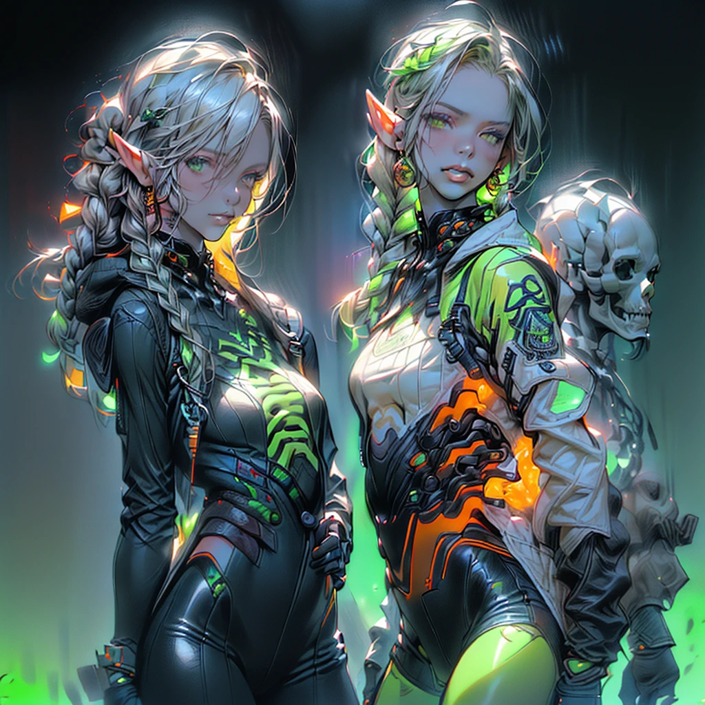 ((Create one girl + ye, (realistic), (masterpiece, Best quality), (1 elf), (1 girl), (sexy), (One, bangs, red dyed hair) (White armor cyber skulls), (long black tights with gloves)).((close-up), (standing at full height), (mysterious))_((Girl), (green:1.5, orange:1.1, white: 1.3, yellow:1.3))_((very sexy girl with dreadlocks), (tattoos), (naked parts of the body), (down jacket: 1.2), (jacket on a naked body, T-shirt, thong)) __))_( (Beautiful figure, half-turn 16+ years),ealistic)),((small peach breasts, graceful figure, narrow waist, smooth hips)),((long double braids),(tight braids),(braided hair), (dark hair) ),((red lips)), ((smile)))_ ((((Shiny skin:1.5, white skin, light skin: 1.5)),((sexy), (cute ))_((fractals, Flowers, leaves, fog, lilies, circles background))_((Chiaroscuro, contrast, warm-cold), (atmosphere visualization), (best quality), (Virtual realism))_))) _(((Digital painting, anime style, cyberpunk), (best quality, 4k, high resolution, masterpiece: 1.2)),((ultra-detailed)),((realistic, photorealistic, photorealistic: 1.37)))_(( ( Soft clear shapes, broad strokes, attention to detail)))_(((High quality, 16K | Ultra HD | Full HD))).