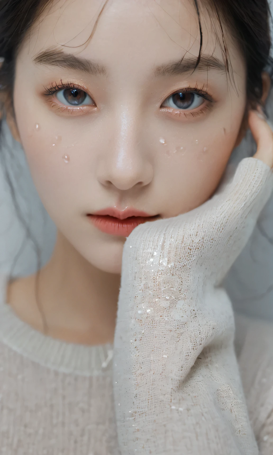 xxmixgirl, analog style, eye focus, highest quality, (highly detailed skin), photo of a exquisitely beautiful pale skin, 21yo, perfect face, alluring eyes, (seductive makeup: 1.3), skin pores, (bokeh:1.2), sharp focus, dappled lighting, (backlighting), film grain, (highly detailed, intricately detailed), 8k, HDR, front view, studio light, Ultra-detailed face, Detailed eyes, (Double eyelid: 1.4), alice toggle, brown eye, (commercial: 1.4), 1girl wet tshirt water drops, (splash detailed)
