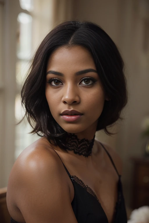 Breathtaking cinematic photo of a 30 year old african girl with cheveux noirs and yeux marrons clairs, Closed mouth, Red lips, intricate details, faible profondeur de champ, sofa background, Very detailed, high budget, epic Hollywood movie, magnifique, Very detailed, detailed skin texture, (rougir: 0.5), (chair de poule: 0.5). (La plus belle femme du monde) (cheveux noirs) (Cheveux longs et lisse, les cheveux sauvages, elegant coupe) visage mince, nez fin, beau, beau, Parfait face, corps de hacher (hacher), (cheveux noirs) (yeux marrons clairs ) (peau marron) beau corps, Face Ouest, Yeux predators, glossy lipstick, cuisses fines. Tout le corps, african beauty, nez fin, beau, Parfait, ((best quality)), ((ultra resolution)), ((photorealistic: 1.4)), (intricate details), Parfait face, se maquiller: 1.5 , visage clair, facial details. vue de face, maillot de bain darjeeling vavae