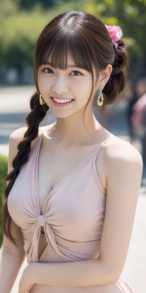 solo girl,stand in the park,Pale pink tight casual summer knit dress,(flower hair ornament,Braided top knot,Twisted side part ponytail braided headband,half up、Braided Space Van,voluminous fishtail braid,Twisted pan),(The bangs are see-through bangs),(((emphasize the chest:1.3))),(dynamic angle),(dynamic and sexy pose),(lean forward:1.3),(((Majestic statues))),Disturbance of clothing due to movement,Breast flick,hairpin,necklace,earrings,Beautiful woman,.perfect face,With a round face,(A smile that makes people happy:1.7),big and full breasts,,intricate details,very delicate and beautiful hair,realistic,dream-like,realistic shadow,focus only,beautiful hands,beautiful fingers,Detailed functions of fingers,Detailed features of the wear,Detailed characteristics of hair,detailed facial features,、(professional lighting),(Photoreal:1.3),(Raw photo.),(highest quality,Ultra high resolution output image,) ,(8K quality,),(Image mode Ultra HD,)