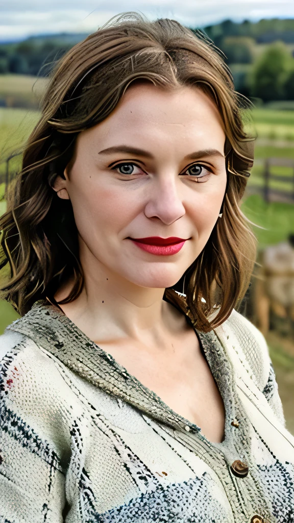 In this captivating photograph we delve into the realm of rural America. (Best quality: 1.3) the mature white woman is wearing a colorful cable-knitted sweater, mischievous twinkle in her eyes and a playful smirk on her red lips, beautiful face, greying brunette hair, pale skin, slightly aged, 45 years old, happy face (not smiling), (busty:1.2), cleavage, realistic skin texture, outdoors, farmland background, rural life, body directly facing camera, photorealistic, horses in background