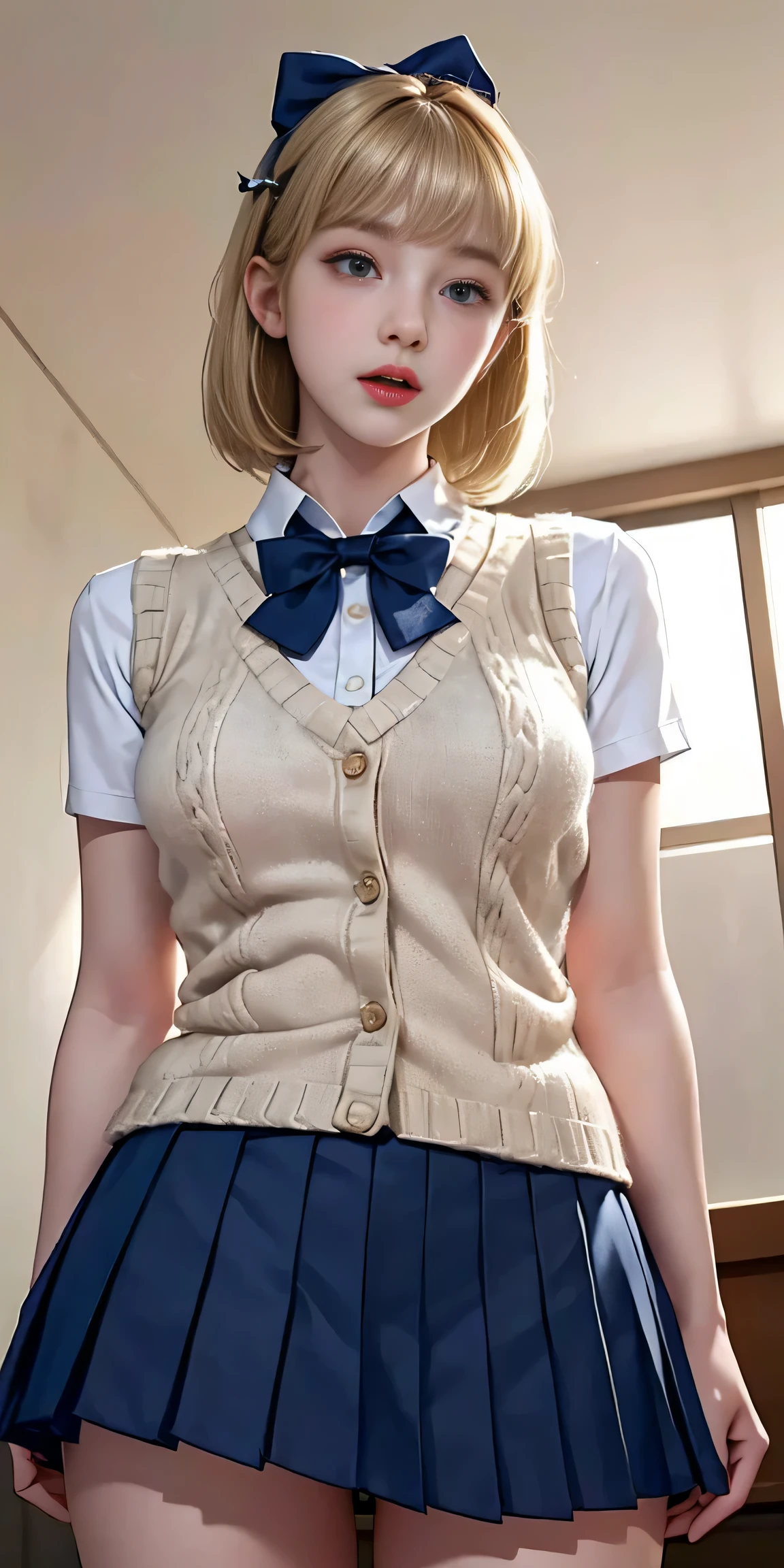 (masterpiece:1.2, highest quality), (realistic, photorealistic:1.4), beautiful illustrations, (natural side lighting, movie lighting), Depth of written boundary, 
looking at the viewer, (face focus, Upper body), Front view, 1 girl, English, high school girl, 15 years old, perfect face, Cute symmetrical face, shiny skin, 
(bob hair:1.7,blonde), asymmetrical bangs, Big eyes, droopy eyes, long eyelashes chest), thin, 
beautiful hair, beautiful face, fine and beautiful eyes, beautiful clavicle, beautiful body, beautiful breasts, beautiful thighs, beautiful feet, beautiful fingers, 
((fine fabric texture, Brown knitted vest, short sleeve white collar shirt, navy pleated skirt, Navy bow tie)), 
(beautiful scenery), evening, (Inside the flower shop), Are standing, (smile, Upper grade, open your mouth), (from below:1.5),(visibility is low:1.5), (((No panties, genitals visible)))