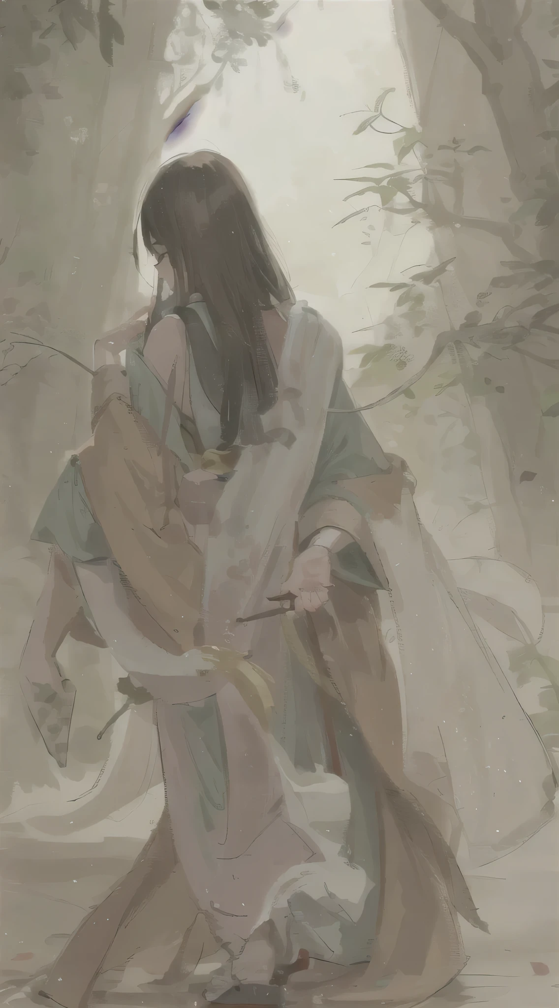 Painting of a woman in a kimono walking through a forest, beautiful figure painting, flowing hair and gown, author：Li Song, By Zeng Jing, author：Yang Jie, author：Zhang Han, guweiz style artwork, author：Lengmei, by Yanjun Cheng, author：Huang Shen, guweiz, by Tang Yifen