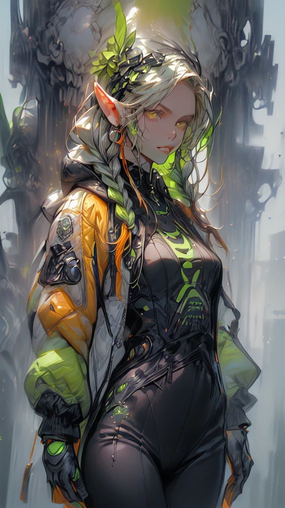 ((Create one girl 16+ years old.), (realistic), (masterpiece, Best quality), (1 elf), (1 girl), (sexy), (One, bangs, red dyed hair) (White armor cyber skulls), (long black tights with gloves)).((close-up), (standing at full height), (mysterious))_((Girl), (green:1.5, orange:1.1, white: 1.3, yellow:1.3))_((very sexy girl with dreadlocks), (tattoos), (naked parts of the body), (down jacket: 1.2), (jacket on a naked body, T-shirt, thong)) __))_( (Beautiful figure, half-turn 16+ years),(realistic)),((small peach breasts, graceful figure, narrow waist, smooth hips)),((long double braids),(tight braids),(braided hair), (dark hair) ),((red lips)), ((smile)))_ ((((Shiny skin:1.5, white skin, light skin: 1.5)),((sexy), (cute ))_((fractals, Flowers, leaves, fog, lilies, circles background))_((Chiaroscuro, contrast, warm-cold), (atmosphere visualization), (best quality), (Virtual realism))_))) _(((Digital painting, anime style, cyberpunk), (best quality, 4k, high resolution, masterpiece: 1.2)),((ultra-detailed)),((realistic, photorealistic, photorealistic: 1.37)))_(( ( Soft clear shapes, broad strokes, attention to detail)))_(((High quality, 16K | Ultra HD | Full HD))).