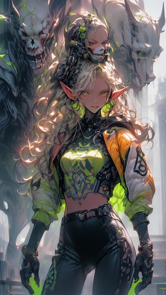 ((Create one girl 16+ years old.), (realistic), (masterpiece, Best quality), (1 elf), (1 girl), (sexy), (One, bangs, red dyed hair) (White armor cyber skulls), (long black tights with gloves)).((close-up), (standing at full height), (mysterious))_((Girl), (green:1.5, orange:1.1, white: 1.3, yellow:1.3))_((very sexy girl with dreadlocks), (tattoos), (naked parts of the body), (down jacket: 1.2), (jacket on a naked body, T-shirt, thong)) __))_( (Beautiful figure, half-turn 16+ years),(realistic)),((small peach breasts, graceful figure, narrow waist, smooth hips)),((long double braids),(tight braids),(braided hair), (dark hair) ),((red lips)), ((smile)))_ ((((Shiny skin:1.5, white skin, light skin: 1.5)),((sexy), (cute ))_((fractals, Flowers, leaves, fog, lilies, circles background))_((Chiaroscuro, contrast, warm-cold), (atmosphere visualization), (best quality), (Virtual realism))_))) _(((Digital painting, anime style, cyberpunk), (best quality, 4k, high resolution, masterpiece: 1.2)),((ultra-detailed)),((realistic, photorealistic, photorealistic: 1.37)))_(( ( Soft clear shapes, broad strokes, attention to detail)))_(((High quality, 16K | Ultra HD | Full HD))).