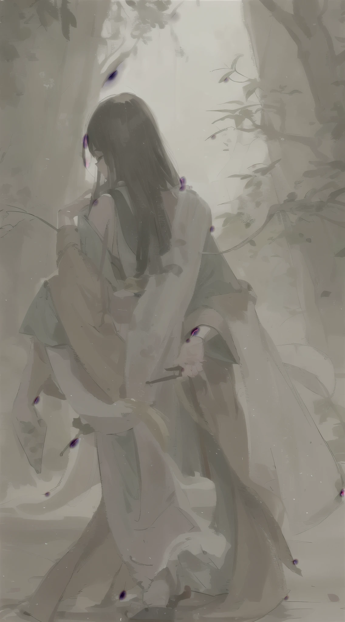 Painting of a woman in a kimono walking through a forest, beautiful figure painting, flowing hair and gown, author:Li Song, By Zeng Jing, author:Yang Jie, author:Zhang Han, guweiz style artwork, author:Lengmei, by Yanjun Cheng, author:Huang Shen, guweiz, by Tang Yifen