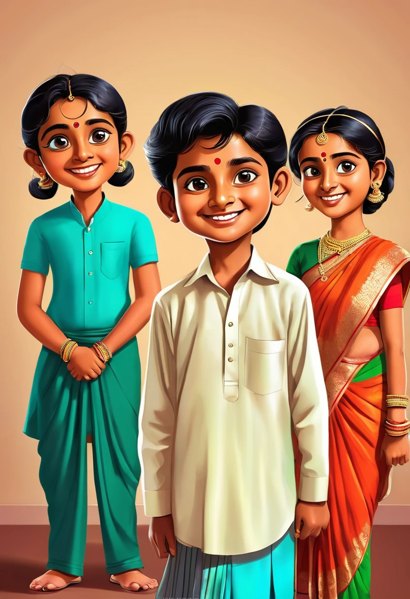A young boy named Ram, with a cheerful and innocent expression, standing next to his parents who are teaching him moral values. Cartoon style 