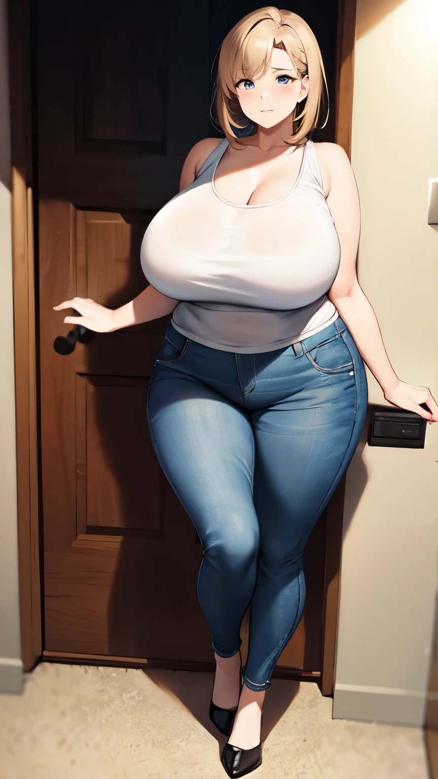 huge breasts, big hips, Tank top, denim shorts, full body shot, Mature mother, Whipping the lower body, plump thighs, calf, bewitching mature woman, perfect body, plus size model,