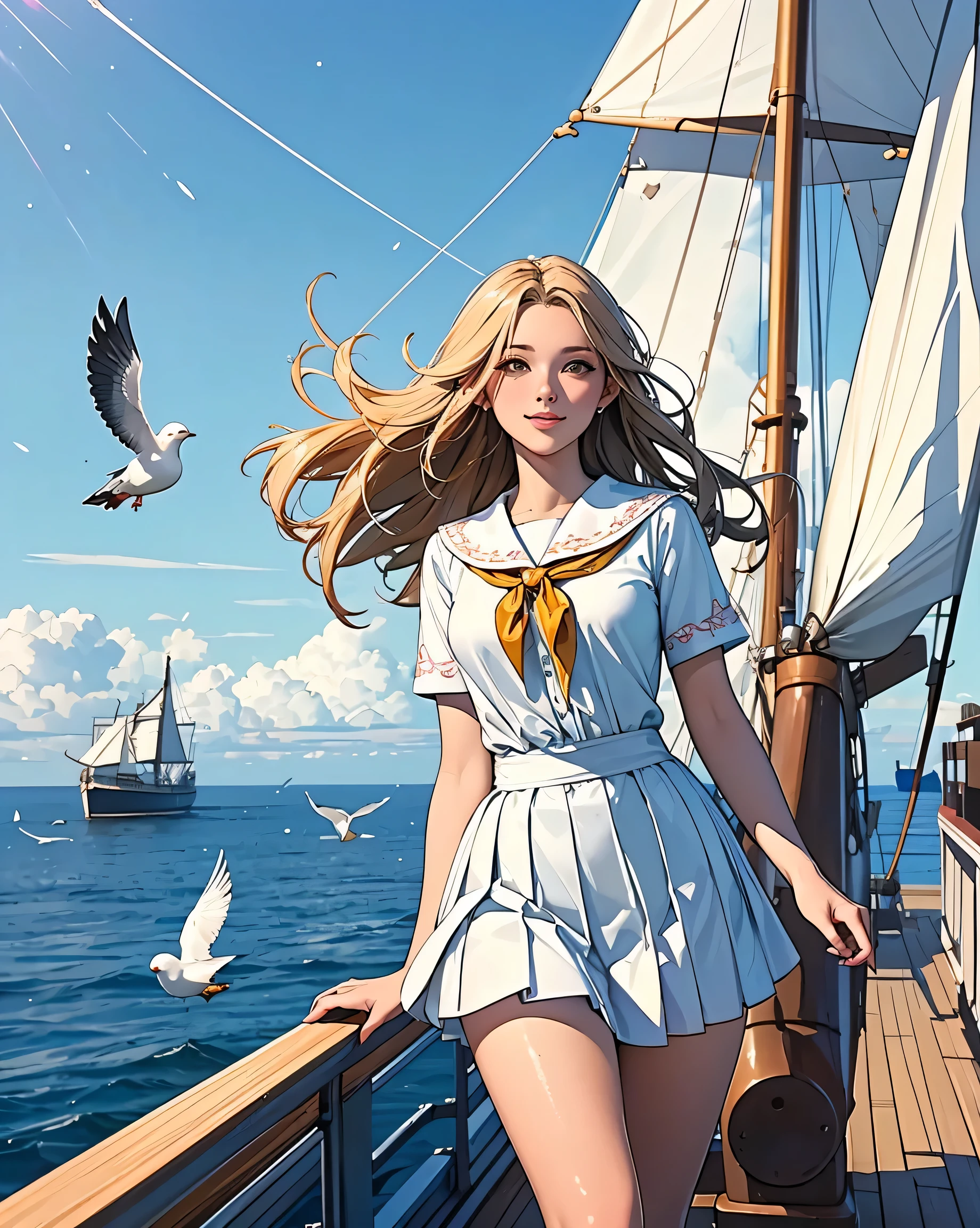 (((masterpiece, highest quality, High resolution, high detail)))), ((((fantasy))), One, (elf woman)))), (White short skirt with gold embroidery), (blonde long straight hair), (shiny dark green eyes), (White ruffled blouse with gold embroidery), big, (((on the deck of a sailing ship at sea)), (vast ocean))), (Big sky with clouds)), (( seagull flying in the sky)), smile, (Wind), particles of light flying around