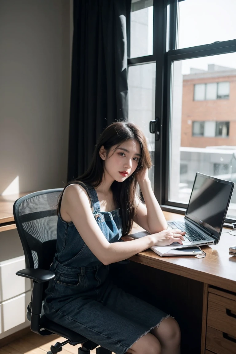 sitting on the chair,A friendly looking female business character who is wearing a black yellow. he is sitting behind his laptop in his office, arms on his desk. it is night. the room has volumetric lighting. he is front facing to the camera, looking straight and centered, central portrait, sitting straight, front view, centered looking straight. the overall ambiance of the image should convey a connection to minimalism, flat illustration, bold line, minimalis