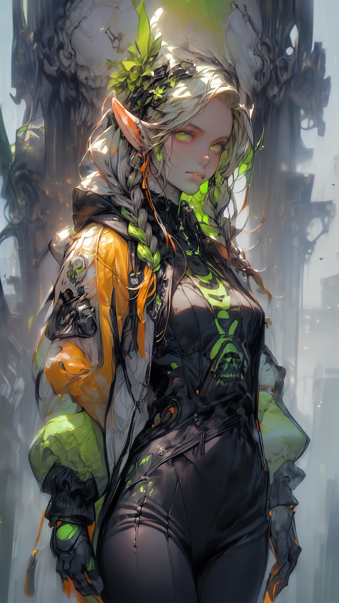 ((Create one girl 16+ years old.), (realistic), (masterpiece, Best quality), (1 elf), (1 girl), (sexy), (One, bangs, red dyed hair) (White armor cyber skulls), (long black tights with gloves)).((close-up), (standing at full height), (mysterious))_((Girl), (green:1.5, orange:1.1, white: 1.3, yellow:1.3))_((very sexy girl with dreadlocks), (tattoos), (naked parts of the body), (down jacket: 1.2), (jacket on a naked body, T-shirt, thong)) __))_( (Beautiful figure, half-turn 16+ years),(realistic)),((small peach breasts, graceful figure, narrow waist, smooth hips)),((long double braids),(tight braids),(braided hair), (dark hair) ),((red lips)), ((smile)))_ ((((Shiny skin:1.5, white skin, light skin: 1.5)),((sexy), (cute ))_((fractals, Flowers, leaves, fog, lilies, circles background))_((Chiaroscuro, contrast, warm-cold), (atmosphere visualization), (best quality), (Virtual realism))_))) _(((Digital painting, anime style, cyberpunk), (best quality, 4k, high resolution, masterpiece: 1.2)),((ultra-detailed)),((realistic, photorealistic, photorealistic: 1.37)))_(( ( Soft clear shapes, broad strokes, attention to detail)))_(((High quality, 16K | Ultra HD | Full HD))).