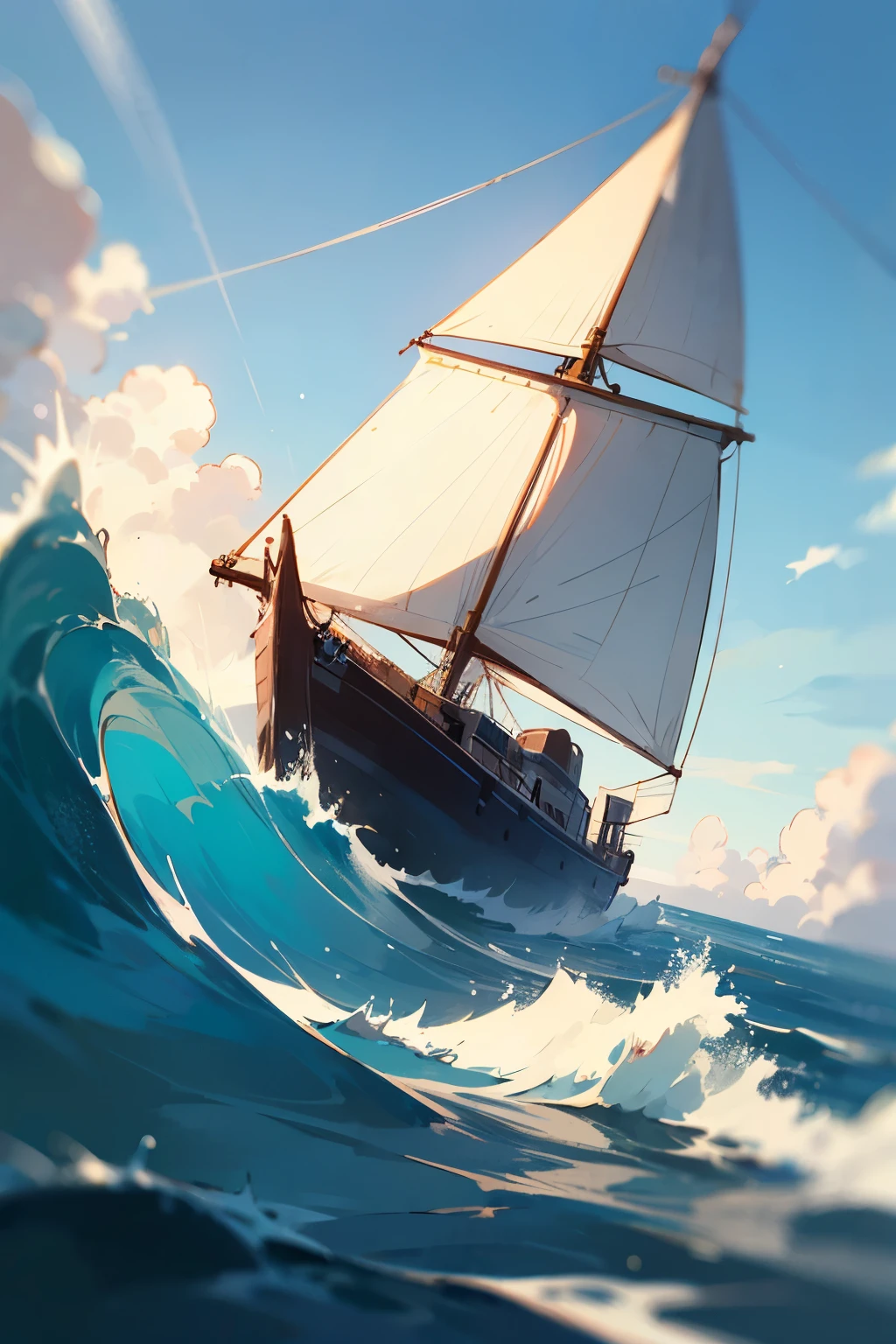 The boat sails forward,Riding the waves at sea,Sunlight shining on the blue sea,