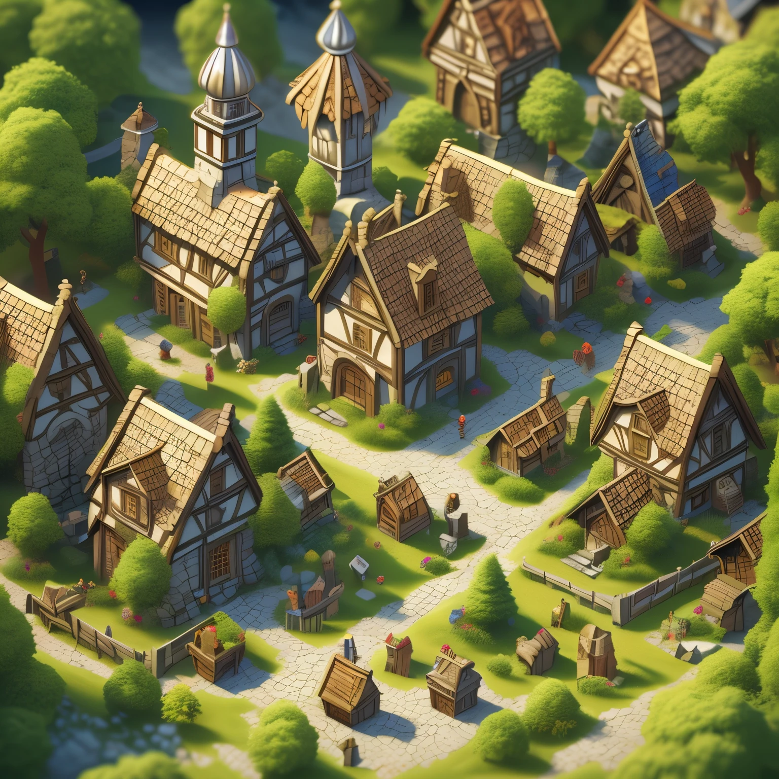 Highly detailed 3D rendering of an isometric medieval village，Game style，As an RPG game asset，overlooking angle，There are lots of medieval villagers having a carnival。The full picture，Exquisite picture，HD，4k，