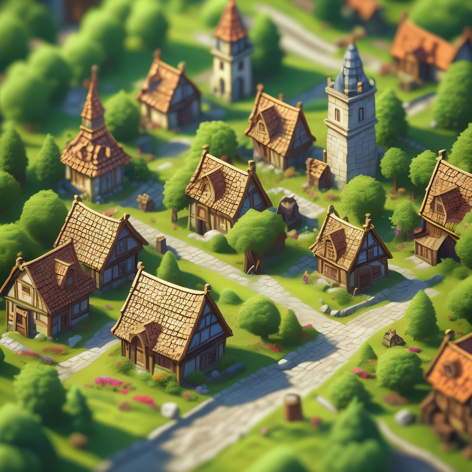 Highly detailed 3D rendering of an isometric medieval village，Game style，As an RPG game asset，overlooking angle，There are lots of medieval villagers having a carnival。The full picture，Exquisite picture，HD，4k，