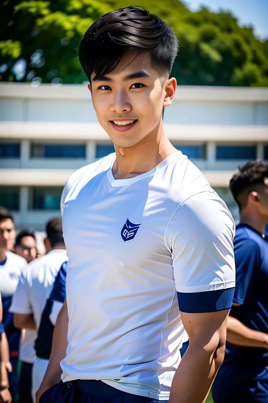 1 man, smile, (Wearing a white and navy blue, round neck, short sleeve football shirt.), Navy Cargo Pants, Young Korean , Korean Men, (High shadow detail), Pectoral muscles, Big arm muscles, blood vessel, Big muscles, Wide shoulders, looking at the audience, balance eyes, (eye contact), stadium, football