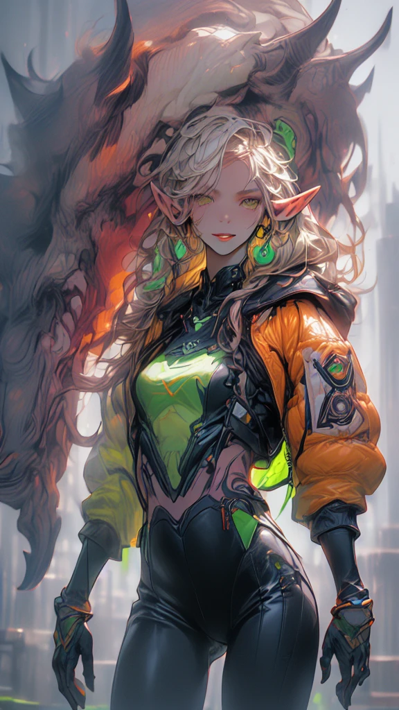 ((Create one girl 16+ years old.), (realistic), (masterpiece, Best quality), (1 elf), (1 girl), (sexy), (One, bangs, red dyed hair) (White armor cyber skulls), (long black tights with gloves)).((close-up), (standing at full height), (mysterious))_((Girl), (green:1.5, orange:1.1, white: 1.3, yellow:1.3))_((very sexy girl with dreadlocks), (tattoos), (naked parts of the body), (down jacket: 1.2), (jacket on a naked body, T-shirt, thong)) __))_( (Beautiful figure, half-turn 16+ years),(realistic)),((small peach breasts, graceful figure, narrow waist, smooth hips)),((long double braids),(tight braids),(braided hair), (dark hair) ),((red lips)), ((smile)))_ ((((Shiny skin:1.5, white skin, light skin: 1.5)),((sexy), (cute ))_((fractals, Flowers, leaves, fog, lilies, circles background))_((Chiaroscuro, contrast, warm-cold), (atmosphere visualization), (best quality), (Virtual realism))_))) _(((Digital painting, anime style, cyberpunk), (best quality, 4k, high resolution, masterpiece: 1.2)),((ultra-detailed)),((realistic, photorealistic, photorealistic: 1.37)))_(( ( Soft clear shapes, broad strokes, attention to detail)))_(((High quality, 16K | Ultra HD | Full HD))).
