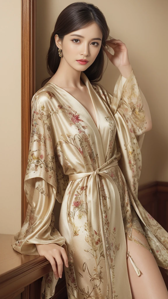 solo person,fully body photo,Silk print dressing gown,Fascinated by silk,pleasant sensation,There are beautiful prints on the dressing gown,Beautiful and intricate prints,Silk scarf,Stockings on the legs,very delicate beautiful,Very detailed skin,handsome detailed woman,very detailed eyes and faces, Stunning detailed eyes