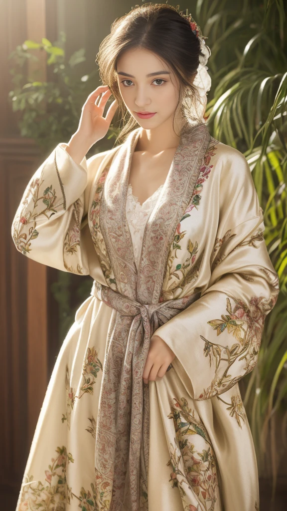 solo person,fully body photo,Silk print dressing gown,Fascinated by silk,pleasant sensation,There are beautiful prints on the dressing gown,Beautiful and intricate prints,Silk scarf,Stockings on the legs,very delicate beautiful,Very detailed skin,handsome detailed woman,very detailed eyes and faces, Stunning detailed eyes