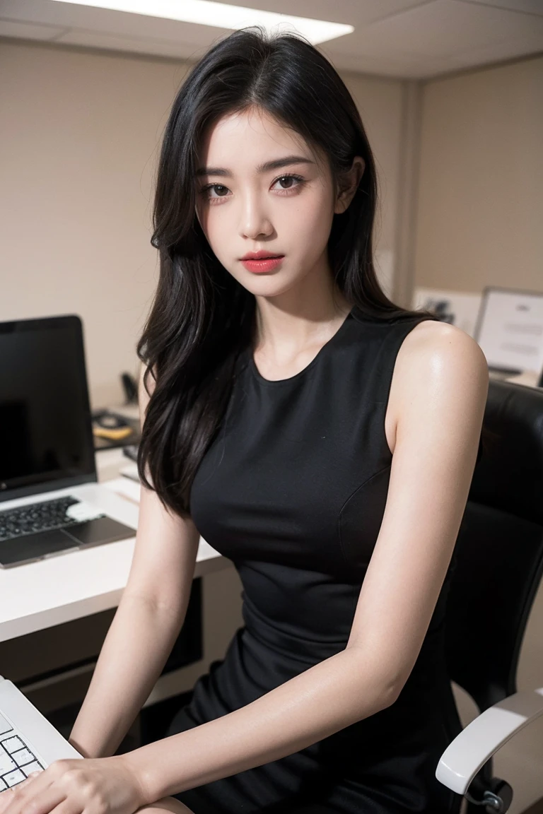 sitting on the chair,A friendly looking female business character who is wearing a black yellow. he is sitting behind his laptop in his office, arms on his desk. it is night. the room has volumetric lighting. he is front facing to the camera, looking straight and centered, central portrait, sitting straight, front view, centered looking straight. the overall ambiance of the image should convey a connection to minimalism, flat illustration, bold line, minimalis