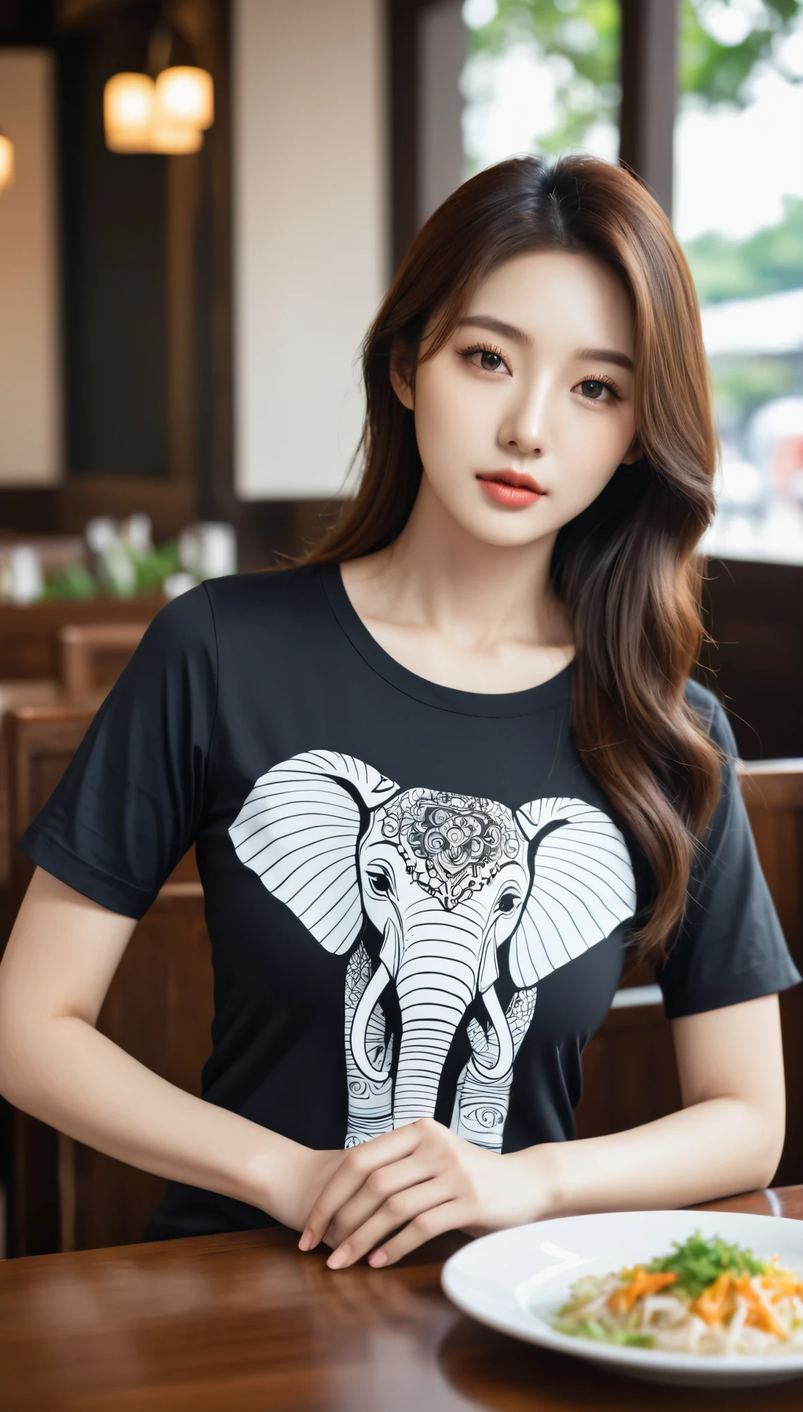Raw photo, close-up of beautiful korean female, 34 inch breasts size, black rolled sleeves t-shirt elephants pattern, sitting in restaurant, uhd