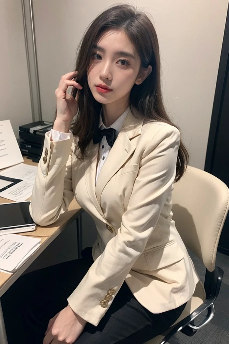 WHITE WOMEN BLAZER | Office Wear Blazer | Gold Buttons Blazer | Fitted Blazer | Elegant Handmade Womens Long Sleeve Blazer | Women Outerwear, lower side she wearing business formal premium pants
Materials: handmade blazer
Jacket with lapel collar, long sleeve, front cross button closure with gold metallic buttons.dry clean only96% Polyester 4% Elastane, sitting on the chair,A friendly looking female business character who is wearing a black yellow. he is sitting behind his laptop in his office, arms on his desk. it is night. the room has volumetric lighting. he is front facing to the camera, looking straight and centered, central portrait, sitting straight, front view, centered looking straight. the overall ambiance of the image should convey a connection to minimalism, flat illustration, bold line, minimalis