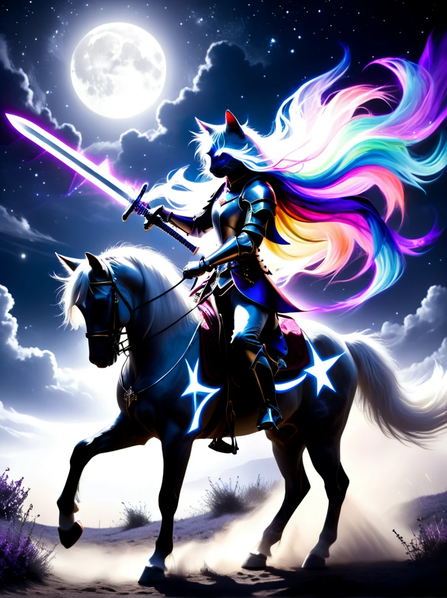 Surrealism, Star光环, Monochrome in the bright embrace of moonlight serenade, (1 stray cat knight), Wearing richly decorated cavalry uniform，(The cat knight holds a sword in his hand)，Deep purple accents capture the whispers of the night, Riding on his trust (White steed:1.2), A horse gallops quietly on the whispering plain. Sitting proudly in the saddle,  Compared, Tone, texture, detailed, Star, Colorful halo, Vibrant energy, expressive, dramatic, organic lines and forms, dreamy and mysterious, Surrealism