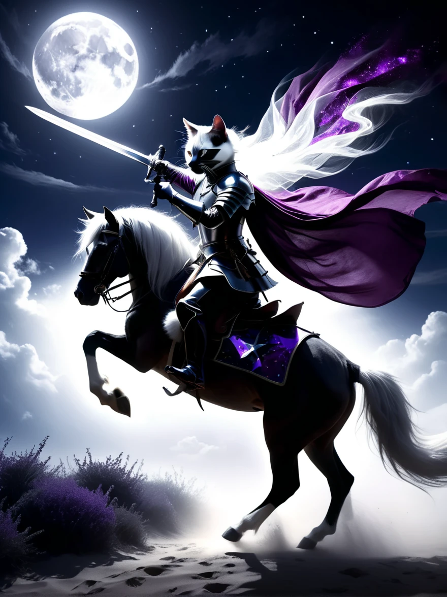 Surrealism, Star光环, Monochrome in the bright embrace of moonlight serenade, (1 stray cat knight), Wearing richly decorated cavalry uniform,(The cat knight holds a sword in his hand),Deep purple accents capture the whispers of the night, Riding on his trust (White steed:1.2), A horse gallops quietly on the whispering plain. Sitting proudly in the saddle, Compared, Tone, texture, detailed, Star, Colorful halo, Vibrant energy, expressive, dramatic, organic lines and forms, dreamy and mysterious, Surrealism