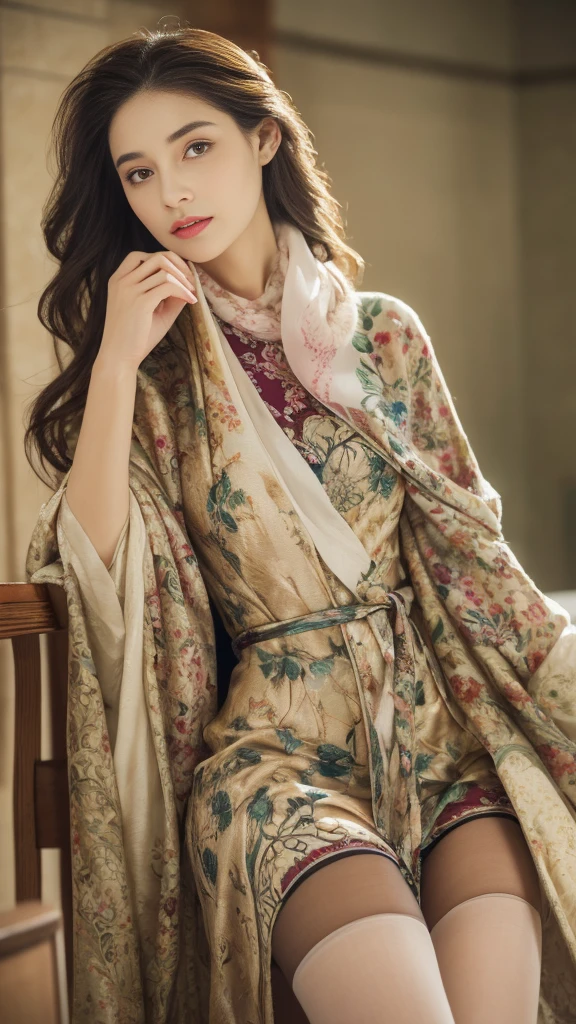 solo person,fully body photo,Silk print dressing gown,Fascinated by silk,pleasant sensation,There are beautiful prints on the dressing gown,Beautiful and intricate prints,Silk scarf,Stockings on the legs,very delicate beautiful,Very detailed skin,handsome detailed woman,very detailed eyes and faces, Stunning detailed eyes