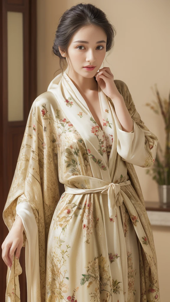 solo person,fully body photo,Silk print dressing gown,Fascinated by silk,pleasant sensation,There are beautiful prints on the dressing gown,Beautiful and intricate prints,Silk scarf,Stockings on the legs,very delicate beautiful,Very detailed skin,handsome detailed woman,very detailed eyes and faces, Stunning detailed eyes